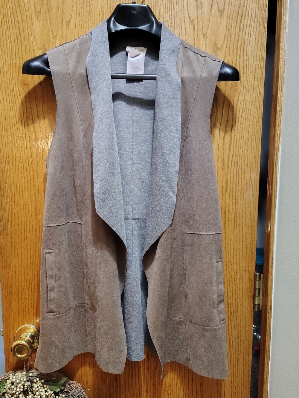 Tribal Taupe Suede-Look Vest with Gray Shawl Collar